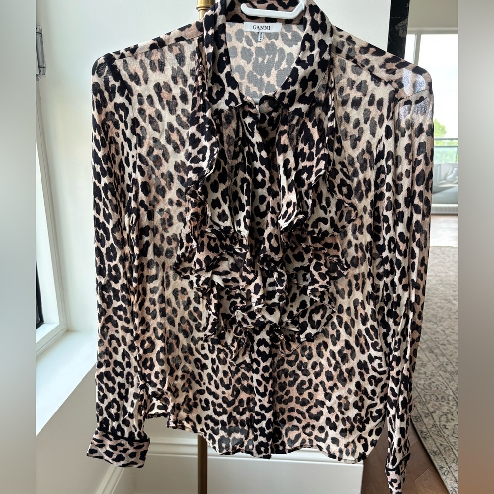 GANNI leopard 🐆 blouse button down shirt top long sleeves 34 XS